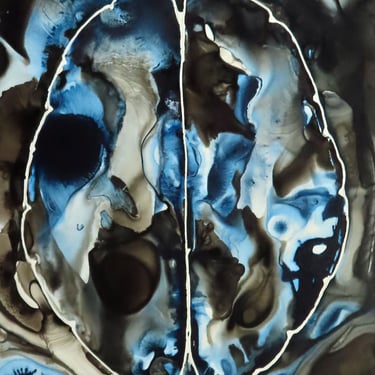 Turbulent Indigo Brain  -  original ink painting on yupo - neuroscience art 
