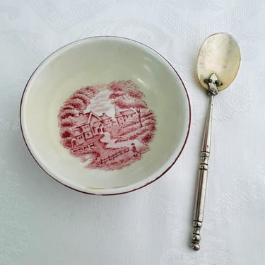 Antique 1930s Red Transferware Open Salt Container Salt Dip Salt Dish, Colonial Pattern , 3