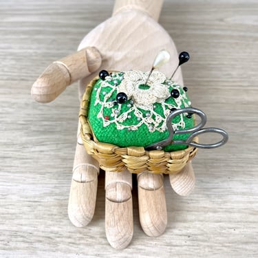 Pincushion in a basket - vintage handmade sewing notion 
