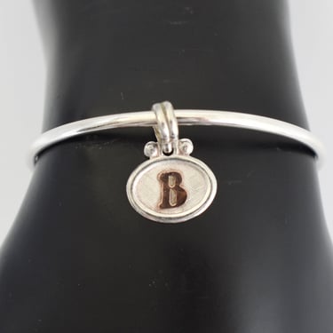 Classic 60's 950 silver & 18K gold ID charm bangle, mid-century rose gold initial B fine silver bracelet 