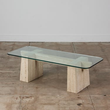 Postmodern Travertine Coffee Table with Glass Top 