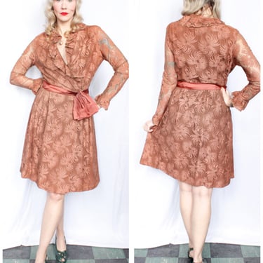 1960s Lace Rosy Brown Cocktail Dress - Medium 