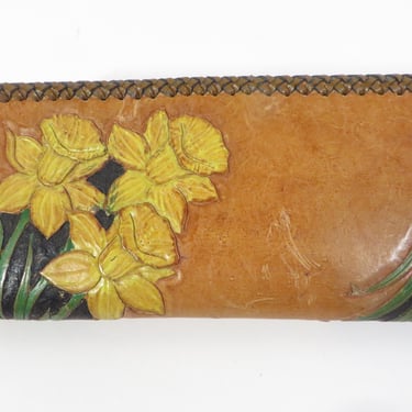 Vintage Tooled Leather Daffodil Wallet Check Holder Billfold 