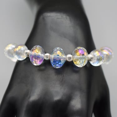 Fabulous 60's crystal 925 silver graduated bead bracelet, sterling & faceted AB glass statement 