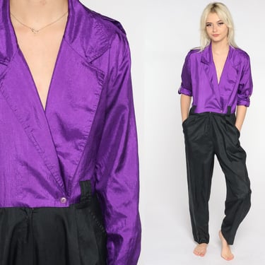 80s Pantsuit Tapered Jumpsuit Purple Wrap Color Block Black Pants Collared High Waisted Shiny Deep V Neck Disco Vintage 1980s Retro Medium M 