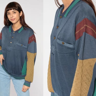 90s Collared Sweatshirt Color Block Polo Sweater Button Up Quilted Sleeve Henley Grunge Retro Pullover Hipster Normcore Vintage 1990s Medium 