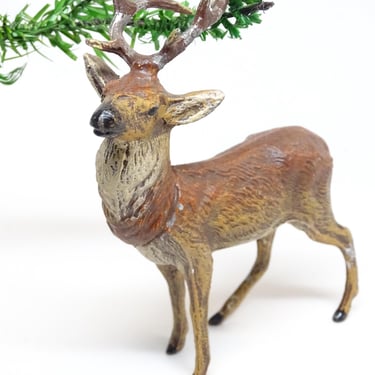 Antique German Metal Reindeer Hand Painted, Toy Lead Deer for Christmas Putz or Nativity 