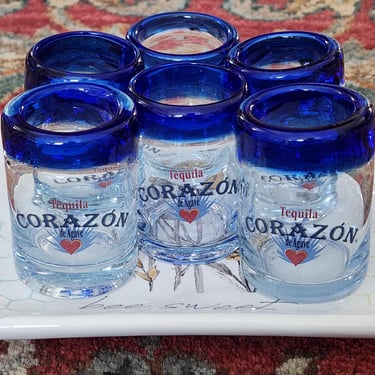 6 Mexican Glass Shot Glasses~CORAZON TEQUILA~Vintage Barware 