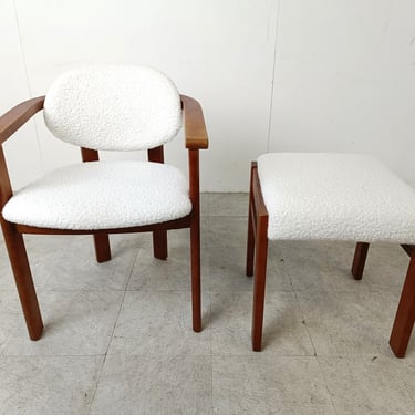 Vintage armchair with footstool, 1960s - vintage armchair - wooden chair - bouclé chair 