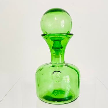 Vintage 1970s MCM Green Art Glass Bubble Orb Ball Stopper Bottle Decanter Empoli Italy fleur de lis 