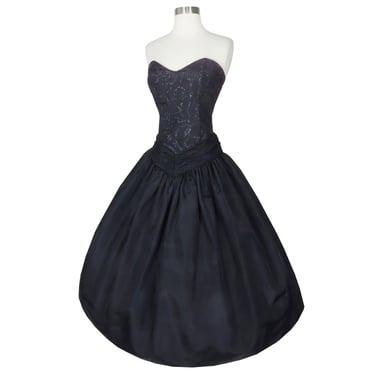 Vintage 80s 50s Strapless Black Taffeta Glitter Full Skirt Prom Party Dress XS Extra Small Formal Dance Fit and Flare Pinup Scott McClintock 