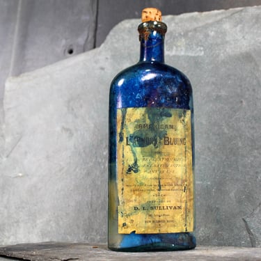 Antique Laundry Bluing Bottle | DL Sullivan Laundry Bottle | Blue Stained Bottle with Original Label | Rustic Decor 