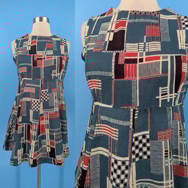 Vintage Sixties Mod XS Print Mini Dress -  1960s Geometric Mondrian Sleeveless Micro Mini Dress 