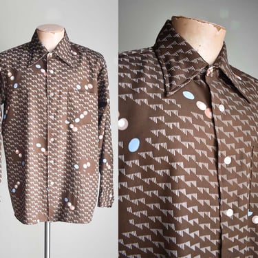 Vintage 1970s Brown Button Down Shirt / Vintage Disco Shirt / Brown Abstract 70s Shirt / 1970s Menswear Shirt / Vintage Button Down Large 