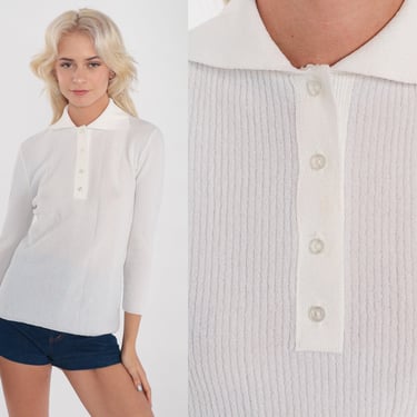 White Knit Shirt 70s Polo Shirt Collar Long Sleeve Top Plain Ribbed Shirt Seventies Vintage 1970s Semi-Sheer Small xs s 