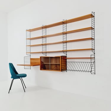 Wall-mounted original Swedish string shelf system, drawers, bookcase Ash wood by Nils & Kajsa Strinning, 1960s 