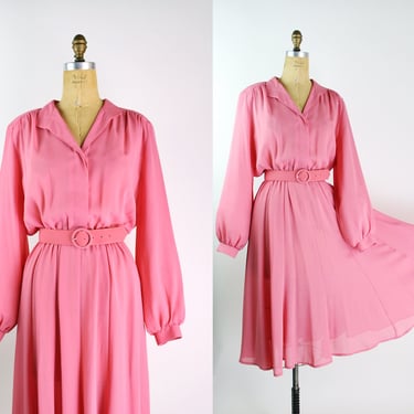 70s Pink Flowy Dress / Belted Dress / Willi of California Pink Dress / Size M/L 