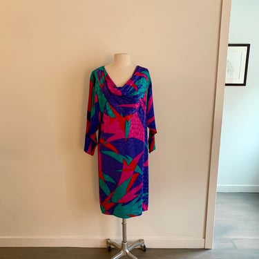 Flora Kung-bright abstract print damask silk ls dress-size 4 