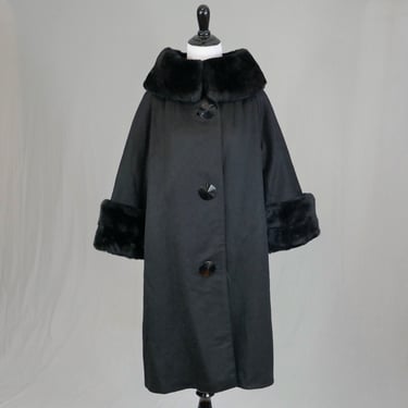 60s Black Coat w/ Faux Fur Collar and Cuffs - Big Buttons - Vintage 1960s - Size L XL 