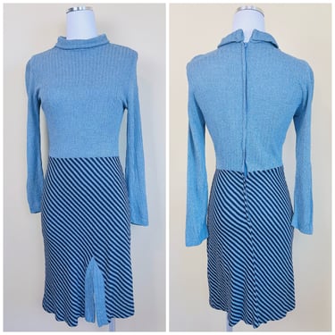 1970s Vintage Slinky Knit Blue Striped Scooter Dress / 70s / Seventies Mock Neck Long Sleeve Dress  / Size Small 