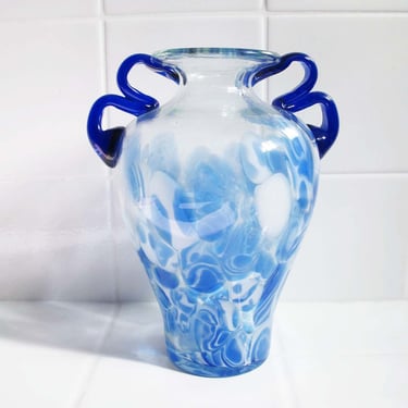 Vintage Murano Style Double Handle Classical Vase - Blue Swirl Squiggle Handle Flower Vase 