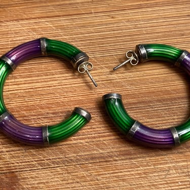 1980s Green and Purple Hoop Earrings 