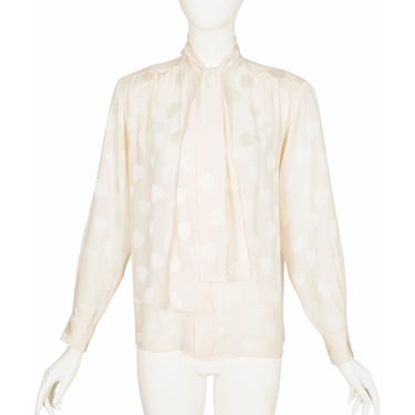 Yves Saint Laurent 1980s Vintage Heart Print Cream Silk Jacquard Tie-Neck Blouse Sz S 