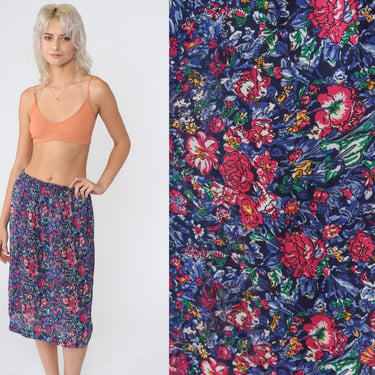 Floral Pencil Skirt 80s Midi Skirt High Waisted Wiggle Secretary Summer Garden Party Navy Blue Pink Flower Vintage 1980s Small XS S 
