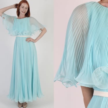 Miss Elliette Teal Aqua Chiffon Dress Long Accordion Pleated Thin Skirt Avant Garde Maxi Designer Ruffle Frock 