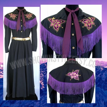 Women's Vintage Western Dress by Lilia Smitty, Black with Purple Fringe & Flashy Floral Designs, Tag Size 9/10, Approx. Small  (meas. below) 
