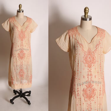 1920s Light Pink Sheer Hungarian Floral Embroidered Short Sleeve Dress -M-L 