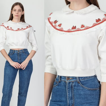 Vintage Girly Doily Bib Cropped Sweatshirt - XXS | 90s Castle Graphic Lace Trim Bow Pullover 