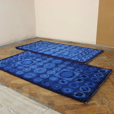 Set of 2 Vintage Danish Rya Cobalt Blue Runner Shag Rugs Mid Century Modern Pair Eames Panton Space Age Atomic Era Midmod Desso Dutch German 