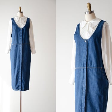 denim overall dress | 90s plus size vintage Carolina Blues loose oversized cottagecore dark academia jean pinafore dress 