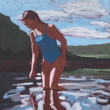 Girl in River- Original Acrylic Painting on Canvas, 16 x 20, summer, Michael Van, texas, modern, clouds, woman, bathing, figurative, unique 
