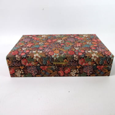 Floral Fabric Jewelry Case Vintage Hinged Hard Body Jewelry Box Mid Century Dresser Top Jewelry Valet for Earrings Necklace Rings Bracelets 