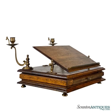 Antique Traditional Walnut Writing Slope Desk w/ Brass Candle Holders