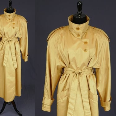 80s 90s Yellow Gold Trenchcoat - Rubberized Polyester - Laura Winston Collection - Vintage 1980s 1990s - M L 