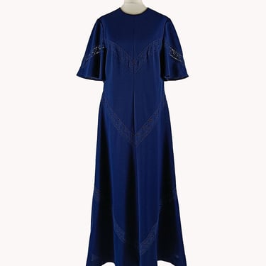 Finn-Lanka 1970s Navy Blue Lace Panel Maxi Dress Finnish Vintage Size M 