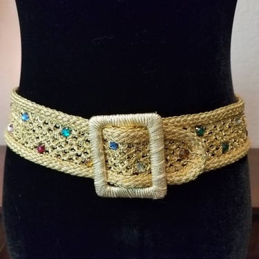 Gold belt rhinestone deco woven vintage belt with multicolor stones,1970's 