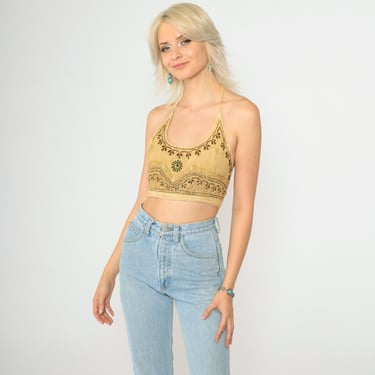 Indian Crop Top Vintage Boho Embroidered Tank Top Yellow Halter Neck Shirt Floral Backless Blouse 90s Bohemian Grunge Hippie Small Medium 