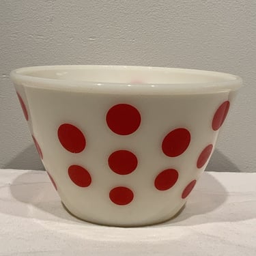 Vintage Fire King red Polka Dot Oven Ware Mixing Bowl, polka dot decor, mcm kitchen decor, modern kitchenware, simple mixing bowls 
