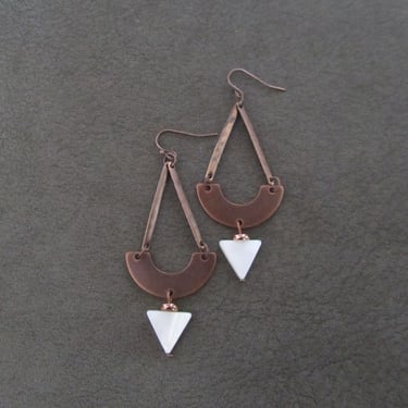 Copper mid century modern earrings, white mother of pearl 