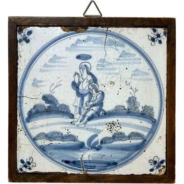 Framed Salvaged Circa 1770 Antique Dutch Delft Cobalt Blue and White Pottery Tile, Religious Saint Landscape Scene 
