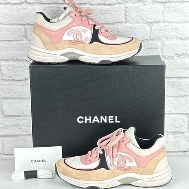 CHANEL 
Nylon Lambskin Suede Calfskin CC Sneakers 37.5 Pink White Black