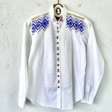 Vintage Wrangler Western Shirt 1980s Glam Tuxedo White Shirt Top 