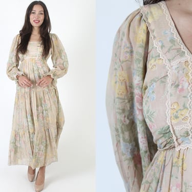 Vintage 70s Jody T Country Cottage Dress, Romantic Nude Pastel Calico Floral Maxi, Prairiecore Boho Wedding Gown With Sash 