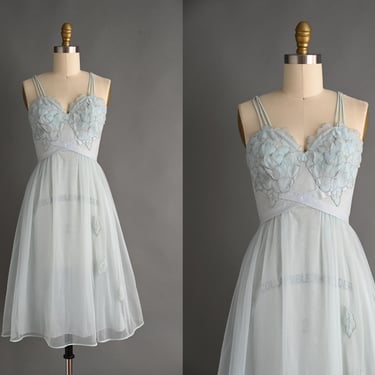 vintage 1950s Slip Dress | Laros Pastel Blue Nylon Lingerie Slip Dress | Small 