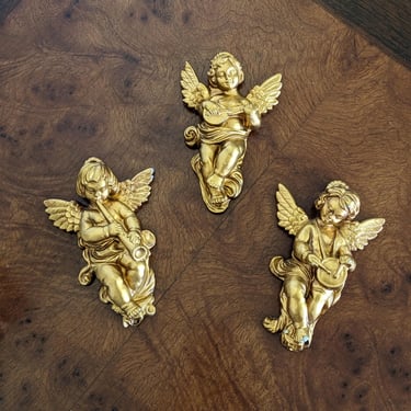 Set of 3 Gold Vintage Ceramic Angels Playing Music Wall Hangings 