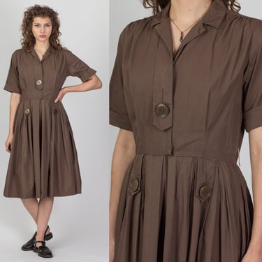 Vintage 50s Chocolate Brown Shirtwaist Dress - Medium | 1950s Fit & Flare Short Sleeve Collared Midi 